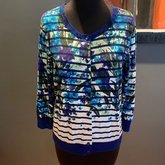 Talbots blue/white stripe floral pattern overlay cardigan sweater. - Picture 1 of 7